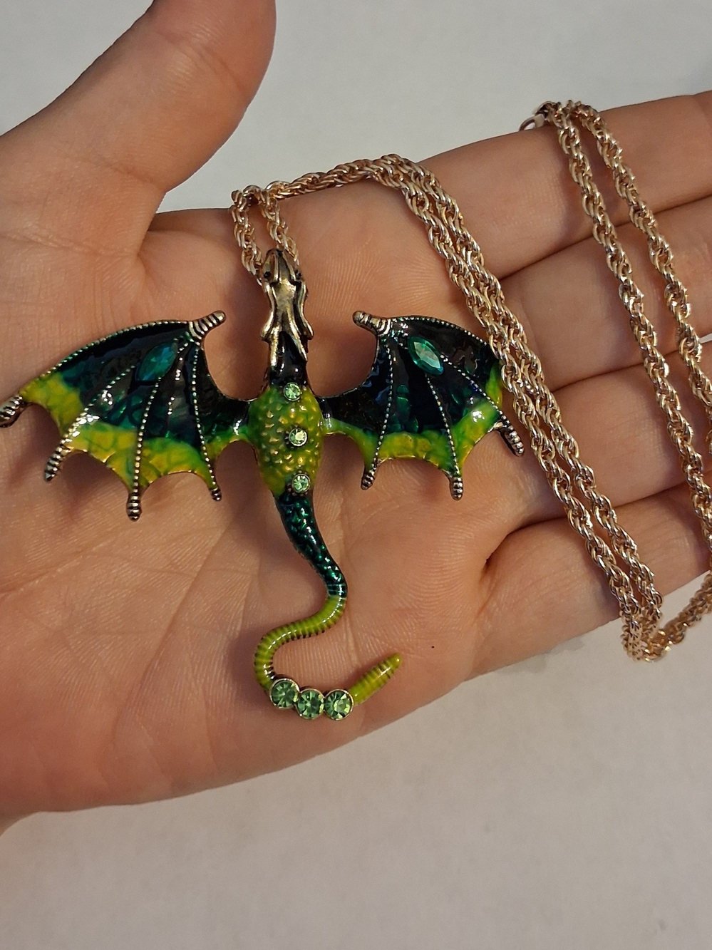 18K Gold Large Green Dragon Necklace
